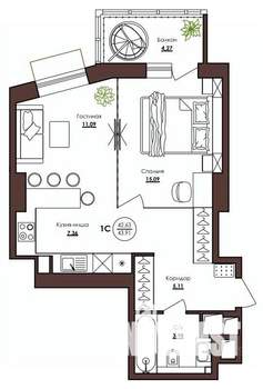 1-к квартира, строящийся дом, 44м2, 13/23 этаж