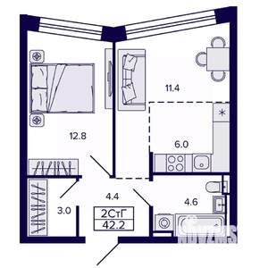 2-к квартира, строящийся дом, 42м2, 16/22 этаж