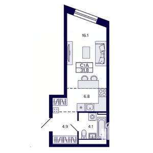 1-к квартира, строящийся дом, 32м2, 19/30 этаж