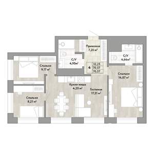 4-к квартира, вторичка, 71м2, 2/22 этаж