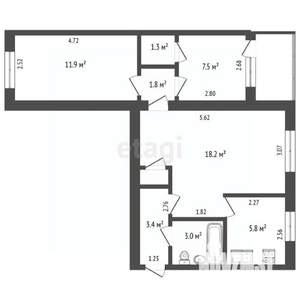 3-к квартира, вторичка, 54м2, 5/5 этаж