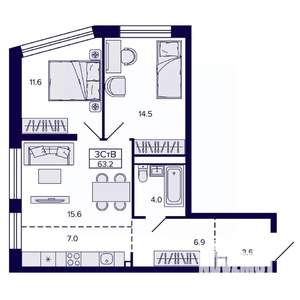 3-к квартира, строящийся дом, 63м2, 9/22 этаж