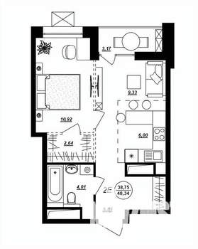 2-к квартира, строящийся дом, 40м2, 9/17 этаж