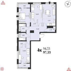 4-к квартира, строящийся дом, 98м2, 13/19 этаж