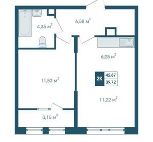 2-к квартира, вторичка, 43м2, 8/15 этаж