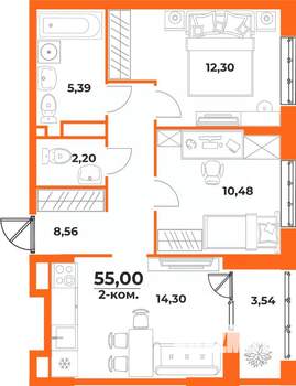 2-к квартира, вторичка, 55м2, 1/10 этаж