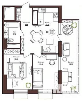 2-к квартира, строящийся дом, 55м2, 17/23 этаж
