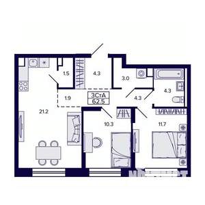3-к квартира, строящийся дом, 63м2, 2/30 этаж