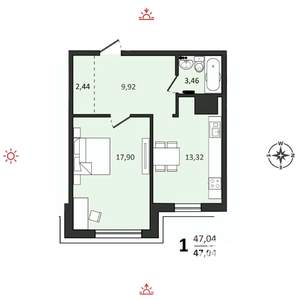 1-к квартира, вторичка, 47м2, 2/25 этаж