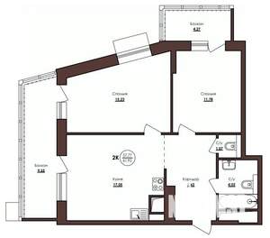 2-к квартира, строящийся дом, 62м2, 16/23 этаж