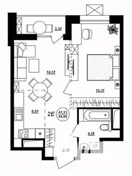 2-к квартира, строящийся дом, 45м2, 11/17 этаж