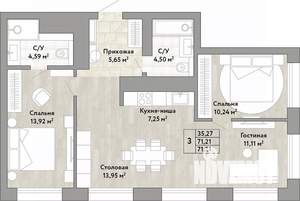 3-к квартира, вторичка, 71м2, 8/22 этаж