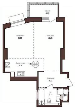 1-к квартира, строящийся дом, 44м2, 6/23 этаж