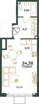Студия квартира, вторичка, 34м2, 6/24 этаж
