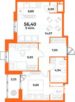 3-к квартира, вторичка, 56м2, 9/10 этаж