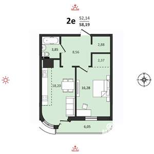 2-к квартира, вторичка, 58м2, 12/25 этаж