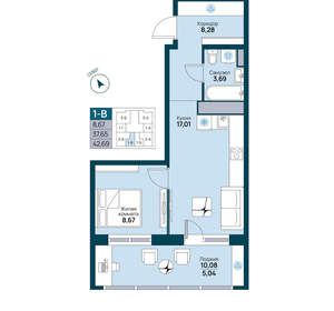 1-к квартира, вторичка, 43м2, 9/19 этаж