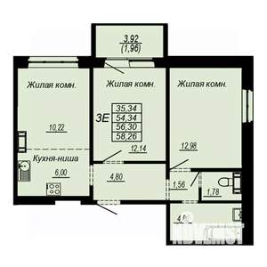 3-к квартира, строящийся дом, 56м2, 3/10 этаж