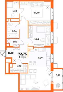 3-к квартира, вторичка, 73м2, 8/10 этаж