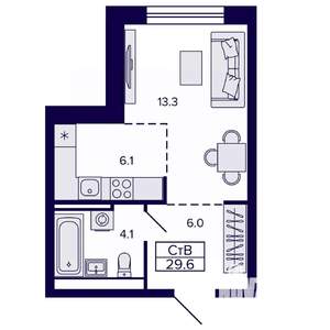 1-к квартира, строящийся дом, 30м2, 8/22 этаж