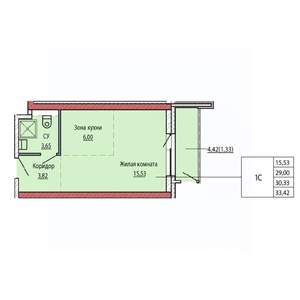 1-к квартира, строящийся дом, 30м2, 6/25 этаж