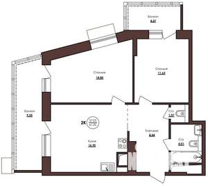 2-к квартира, вторичка, 61м2, 2/23 этаж