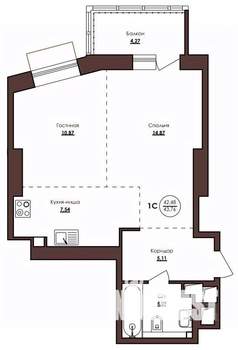 1-к квартира, строящийся дом, 44м2, 3/23 этаж