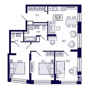 4-к квартира, строящийся дом, 79м2, 21/30 этаж
