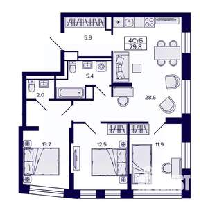 4-к квартира, вторичка, 80м2, 19/30 этаж