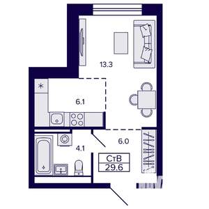 Студия квартира, строящийся дом, 30м2, 8/22 этаж