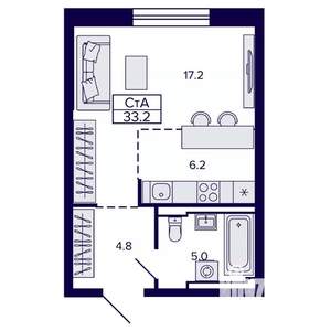 Студия квартира, строящийся дом, 33м2, 6/22 этаж