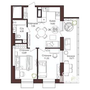 2-к квартира, вторичка, 55м2, 16/23 этаж