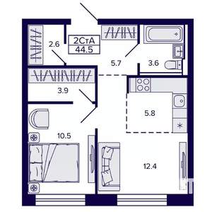 2-к квартира, строящийся дом, 44м2, 4/22 этаж