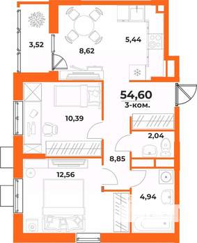 3-к квартира, вторичка, 55м2, 9/10 этаж