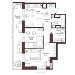 2-к квартира, вторичка, 70м2, 6/23 этаж
