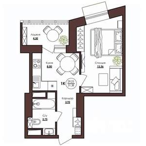 1-к квартира, строящийся дом, 31м2, 2/23 этаж