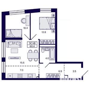 3-к квартира, строящийся дом, 60м2, 16/22 этаж