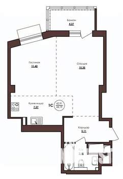 1-к квартира, строящийся дом, 44м2, 20/23 этаж