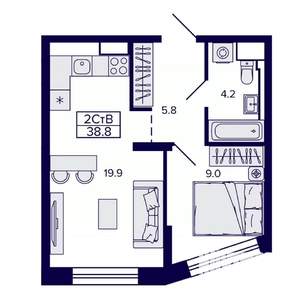 2-к квартира, строящийся дом, 39м2, 13/30 этаж