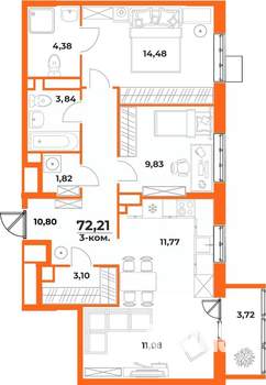 3-к квартира, вторичка, 72м2, 10/10 этаж