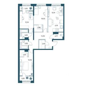 4-к квартира, вторичка, 97м2, 12/19 этаж