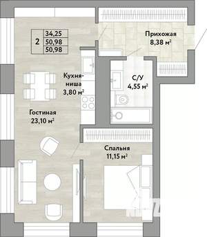 2-к квартира, вторичка, 51м2, 21/22 этаж