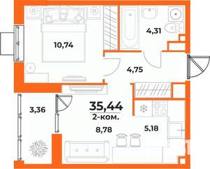 2-к квартира, вторичка, 35м2, 8/10 этаж