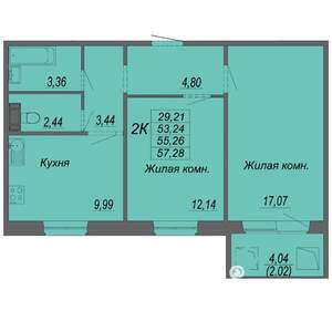 2-к квартира, строящийся дом, 55м2, 9/10 этаж