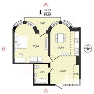 1-к квартира, вторичка, 60м2, 2/25 этаж