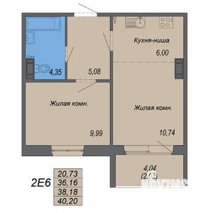 2-к квартира, строящийся дом, 40м2, 4/10 этаж