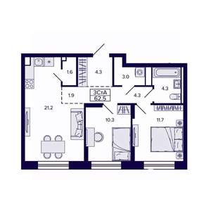 3-к квартира, строящийся дом, 62м2, 3/30 этаж