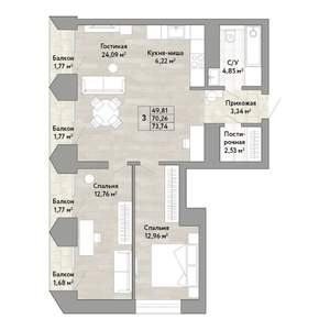 3-к квартира, строящийся дом, 70м2, 18/22 этаж