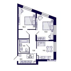 2-к квартира, строящийся дом, 61м2, 24/30 этаж