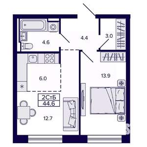 2-к квартира, строящийся дом, 45м2, 6/22 этаж